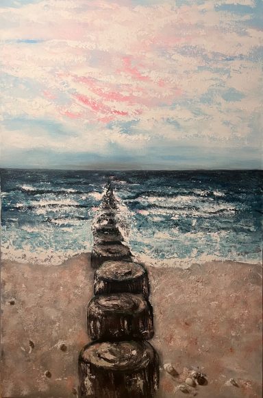 ausgestellt in Barth ,Galerie „kunstvoll“ Acryl/ Muscheln/ Acryl-sand